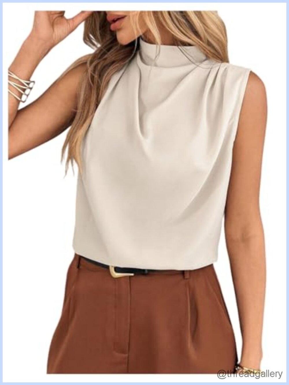 Mock Neck Sleeveless Draped Ruched Satin Blouse
